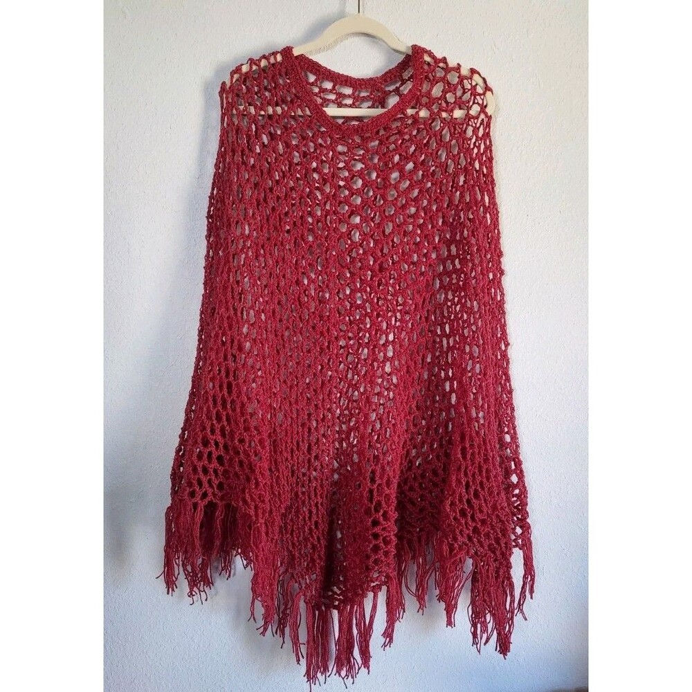 Handmade Crocheted Boho Hippie Red Mesh Poncho Made with Vintage 70s Yarn NEW